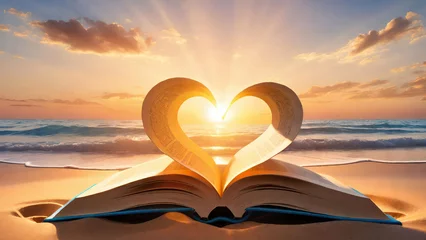Foto op Canvas Open book with pages folding inward to form a heart shape, blurred ocean beach sunset background.Love for reading concept.AI generated © svf74