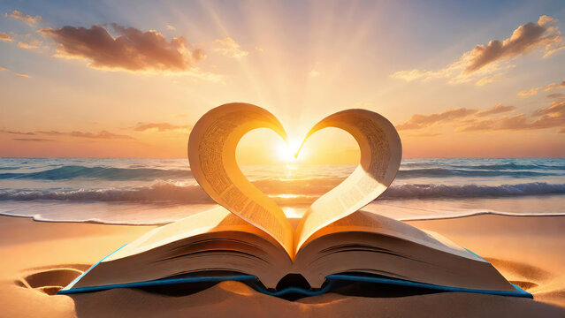 Open book with pages folding inward to form a heart shape, blurred ocean beach sunset background.Love for reading concept.AI generated