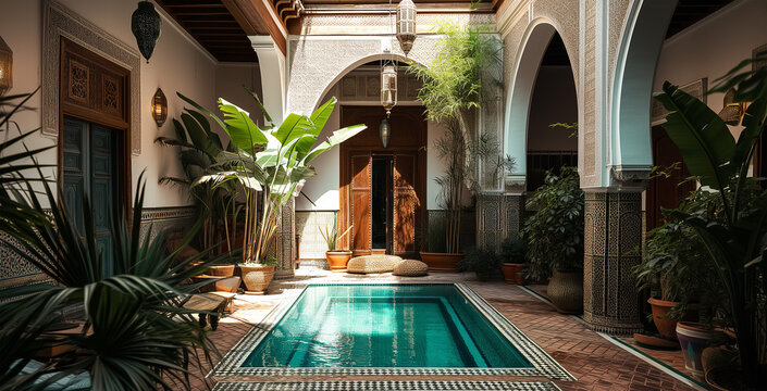 Patio with swimming pool in luxury riad in Morocco