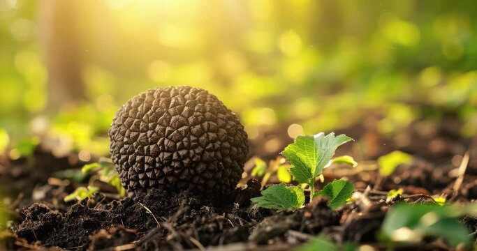 a close up of delicious fresh truffle in the woods in the morning light with copy space