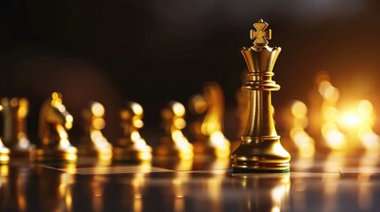 Golden king chess stand in front of others chess pieces. Leadership business teamwork and marketing strategy planing concept.