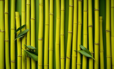 Fototapeta premium Green bamboo wall background. Close up of green bamboo wall texture.