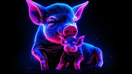 A pig caressing its calf neon illustration beautiful image Ai generated art