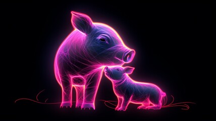 Obraz na płótnie Canvas A pig caressing its calf neon illustration beautiful image Ai generated art