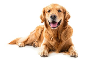 Happy sitting and panting Golden retriever dog looking at camera, Isolated on white