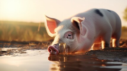 A pig is drinking water in the forest beautiful image Ai generated art