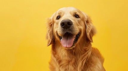Happy smiling golden retriever dog blinking eye yellow background studio shot