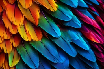 A detailed view of a colorful bird's feathers with a solid color background and a border around the wing area. Generative AI