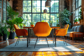 Fototapeta premium Workspace interior: Bright, inviting office space designed in Apricot Crush color scheme, reflecting positivity and energy, natural light
