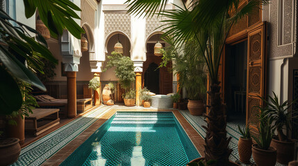 Patio with swimming pool in luxury riad in Morocco
