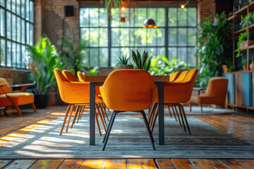 Fototapeta premium Workspace interior: Bright, inviting office space designed in Apricot Crush color scheme, reflecting positivity and energy, natural light