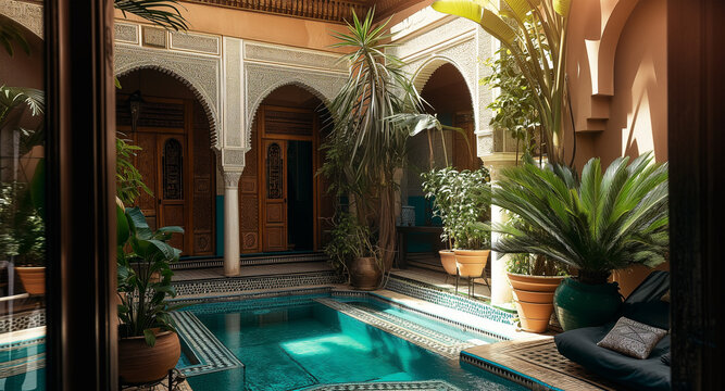 Patio with swimming pool in luxury riad in Morocco