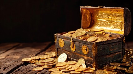 Open treasure chest with gold coins on table against black background