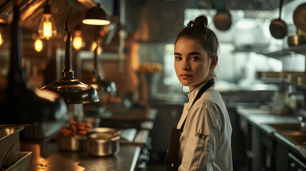 Obraz na płótnie Canvas Professional half-body portrait of female chef in restaurant kitchen, AI Generated