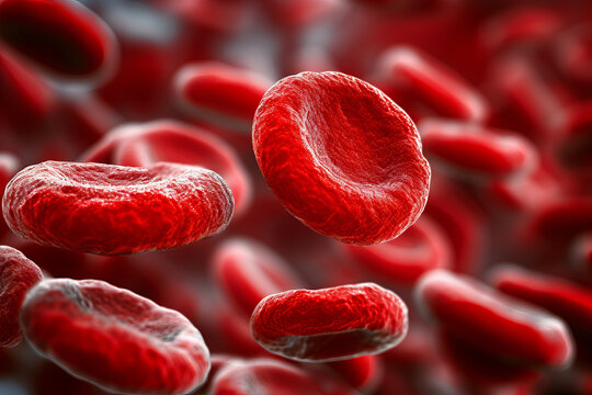 
The image showcases a close-up, highly detailed view of red blood cells, exhibiting their unique biconcave disc shape that is essential for their function in transporting oxygen throughout the body.