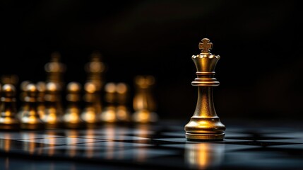 The King in battle chess game stand on chessboard with black isolated background. Business leader concept for market target strategy. Intelligence challenge and business competition success play.