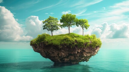 Travel and vacation background. cut of the ground and the grass landscape. The trees on the island. eco design concept.