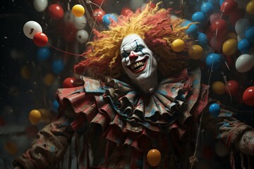 Grotesque clown with confetti balloon - obrazy, fototapety, plakaty