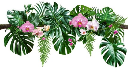 Fototapeta na wymiar Tropical vibes plant bush floral arrangement with tropical leaves Monstera and fern and Vanda orchids tropical flower decor on tree branch liana vine plant isolated on white background