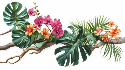 Tropical vibes plant bush floral arrangement with tropical leaves Monstera and fern and Vanda orchids tropical flower decor on tree branch liana vine plant isolated on white background - obrazy, fototapety, plakaty