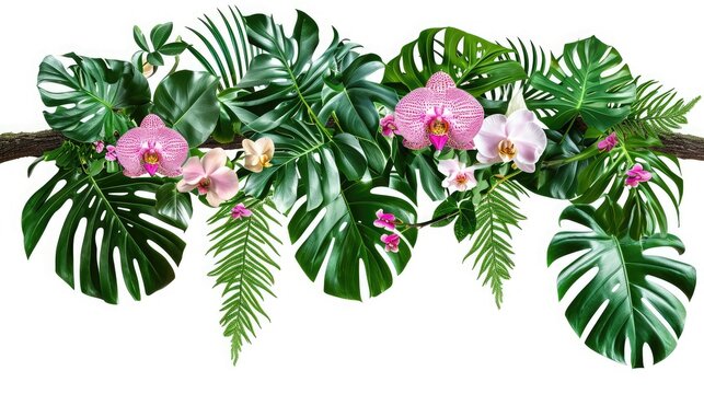 Tropical vibes plant bush floral arrangement with tropical leaves Monstera and fern and Vanda orchids tropical flower decor on tree branch liana vine plant isolated on white background