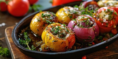 Yemista Joy: Greek Stuffed Vegetables Elegance. Dive into A Culinary Symphony of Colorful Goodness Captured in a Visual Feast. Picture the Yemista Joy in a Charming Greek Taverna with Soft Lighting