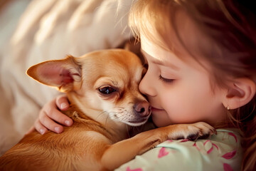 A young girl embraces her Chihuahua dog in a heartwarming display of genuine affection, encapsulating the profound bond of companionship and love shared between them
