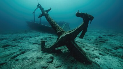 Anchor of old ship underwater on the bottom of the ocean