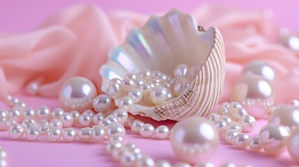 Beautiful seashell full of shiny pearls on pink background. Concept of value of sea shell pearl and fortune. Symbol of wealthy life