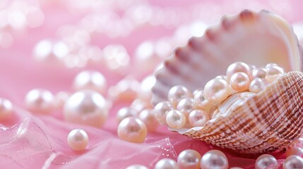 Beautiful seashell full of shiny pearls on pink background. Concept of value of sea shell pearl and fortune. Symbol of wealthy life