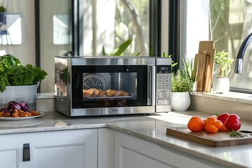 Cooking vegetables in the microwave in a stylish modern kitchen