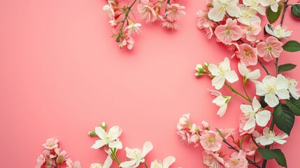 beautiful spring flowers on pink paper background