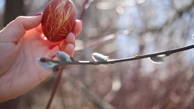 Female hand holds easter egg with pattern and willow branch in spring