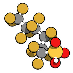 Perfluorohexanesulfonic acid (PFHxS) molecule. 3D rendering.