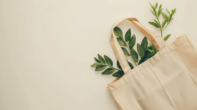 Canvas tote bag. Reusable grocery shopping bag with copy space.Beige eco bag mockup.Eco friendly concept. Zero waste.Think green.Top view.