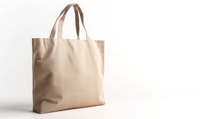 Eco Friendly Beige Colour Fashion Canvas Tote Bag Isolated on White Background. Reusable Bag for Groceries and Shopping