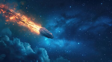Falling meteorite, asteroid, comet in the starry sky. - obrazy, fototapety, plakaty