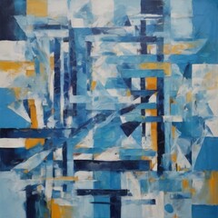 An abstract grunge blue and yellow painting with geometric shapes and stripes, oil on canvas. Contemporary surrealist painting. Modern poster for wall decoration