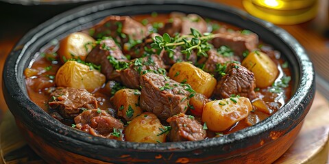 Beef and Guinness Stew Brilliance: Irish Culinary Tradition. Immerse in A Symphony of Tender Meat and Rich Stout Infusion. Picture the Beef and Guinness Stew Brilliance in a Cozy Irish Kitchen