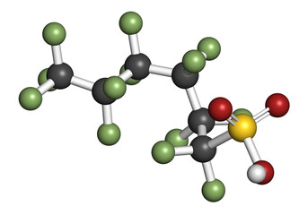 Perfluorohexanesulfonic acid (PFHxS) molecule. 3D rendering.