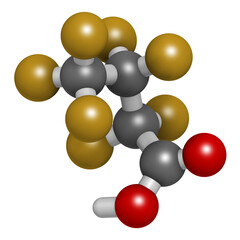 Perfluorobutanoic acid molecule. Also now as heptafluorobutyric acid (HFBA). 3D rendering.