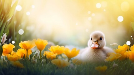 Cute duckling on flower meadow against blurred sunny background. Banner with copy space, poster, greeting card, postcard, calendar, cover. Concept: Easter, poultry farming, Factory farming, incubator 