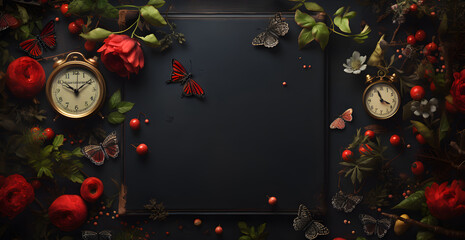 Background with space for text celebrating Teacher's Day, flowers, apples and articles related to the school world