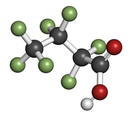 Obraz premium Perfluorobutanoic acid molecule. Also now as heptafluorobutyric acid (HFBA). 3D rendering.