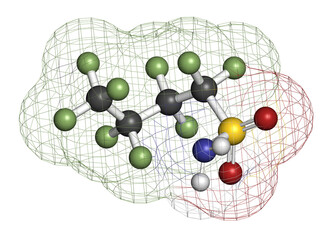 Perfluorobutane sulfonamide molecule. 3D rendering.