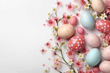 Fototapeta na wymiar Happy Easter! Colorful Easter eggs with blossoms and spring flowers. flat lay on light background. Stylish tender spring template with space for text. Greeting card or banner