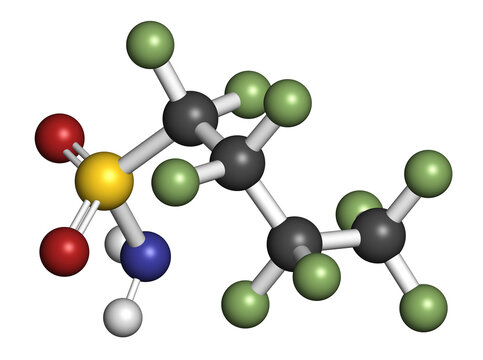Perfluorobutane sulfonamide molecule. 3D rendering.