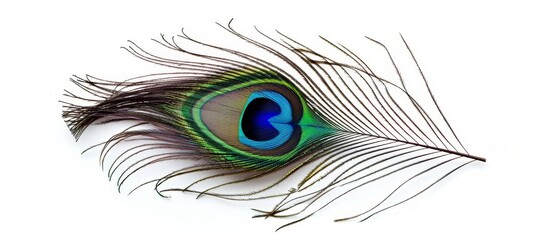 Obraz premium Peacock feather against white backdrop
