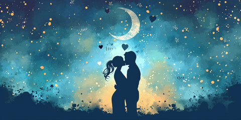 A silhouette of a couple embracing against a cosmic backdrop with a crescent moon, surrounded by a starry sky transitioning