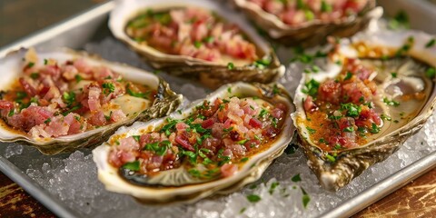Oysters Kirkpatrick Elegance - Culinary Fusion of Grilled Oysters, Bacon, and Spicy Sauce. Immerse in A Flavorful Tapestry. Picture the Oysters Kirkpatrick Elegance in a Cozy Oyster Bar